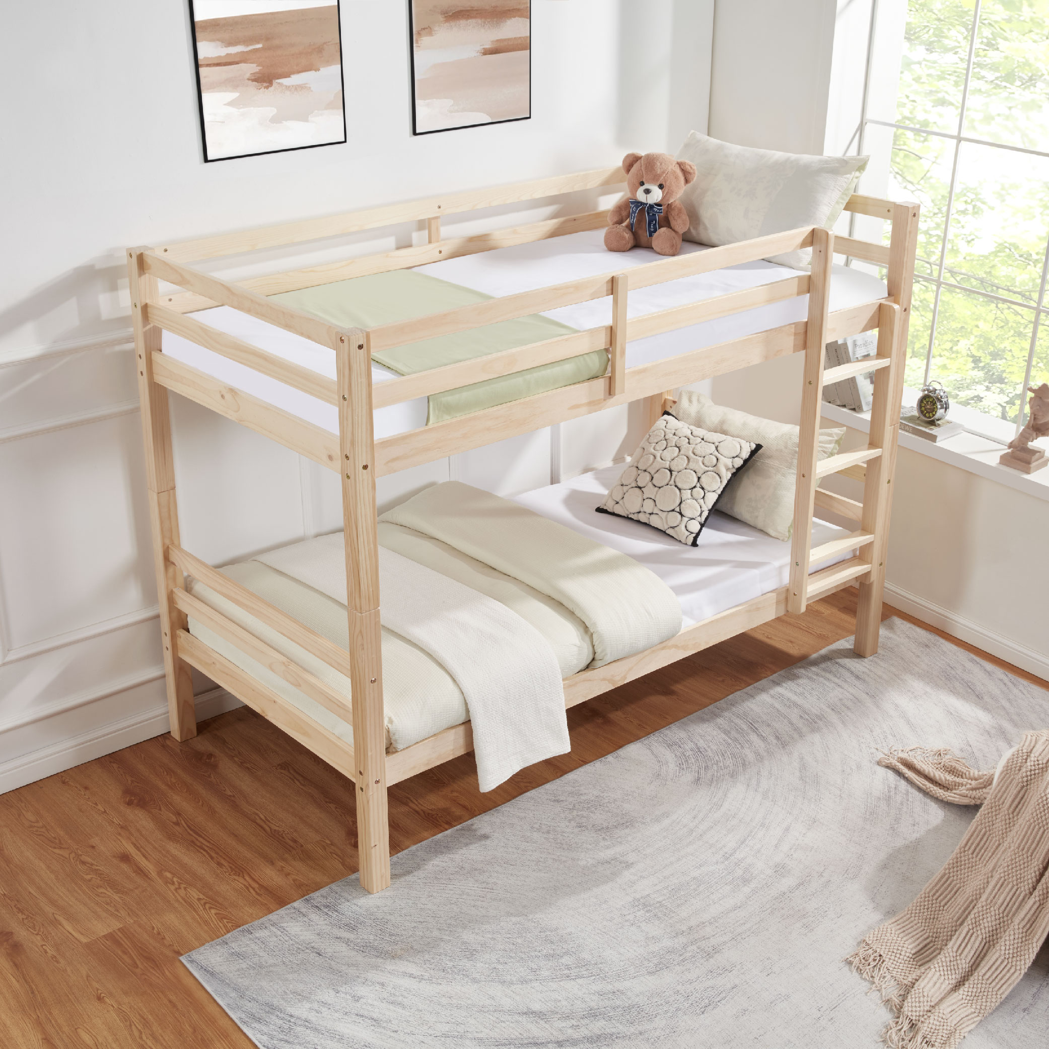 Twin over Twin Bunk Bed with Thick Posts,Wooden Bunk Bed with High Guardrail and Ladder for Kids, Teens, Dorm Rooms, and Guest Rooms,No Box Spring Needed,Natural Twin over Twin Bunk Bed with Thick Posts,Wooden Bunk Bed with High Guardrail and Ladder for Kids, Teens, Dorm Rooms, and Guest Rooms,No Box Spring Needed,Natural